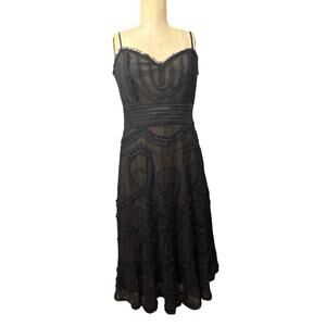 BCBG MaxAzria Couture Layered Black Lace Nude Lining Tea Length Dress Size 8